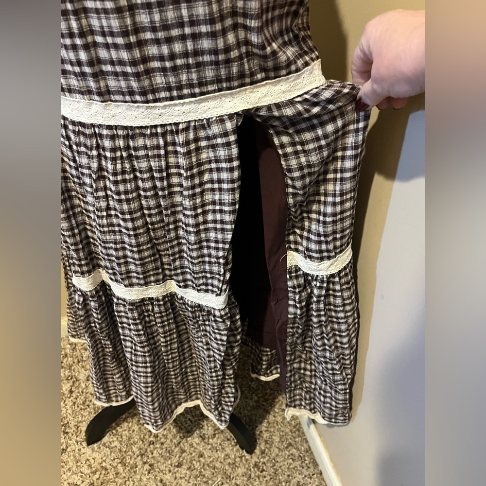 Grey Bandit Montana Skirt Brown & Cream Plaid & Lace Maxi Skirt, Side Slit,  M - Picture 5 of 9
